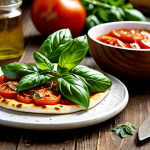 Fresh Herbs & Ingredients**

"Close-up, vibrant photograph. A rustic wooden table covered with fresh pizza sauce ingredients: ripe red tomatoes, basil leaves, oregano sprigs, garlic cloves, and a bottle of extra virgin olive oil. Sunlit, natural lighting, emphasizing the textures and colors. Focus on the freshness and quality of the ingredients."

**