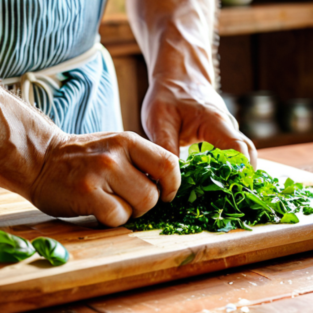 허브와 시즈닝의 조화로운 배합 - **Prompt:** A close-up shot of a chef's hands, with a warm, inviting glow, delicately chopping vibra...