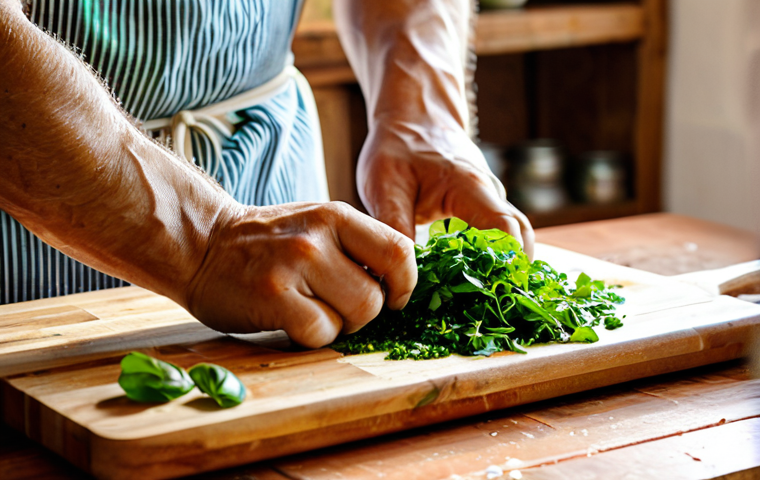 허브와 시즈닝의 조화로운 배합 - **Prompt:** A close-up shot of a chef's hands, with a warm, inviting glow, delicately chopping vibra...