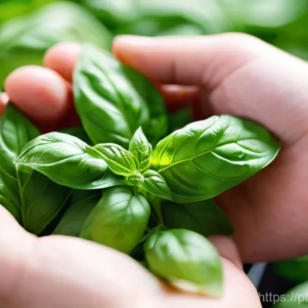 허브 풍미를 극대화하는 조리법 - **Prompt:** A close-up shot of a person's hands delicately inspecting a lush bunch of fresh, vibrant...
