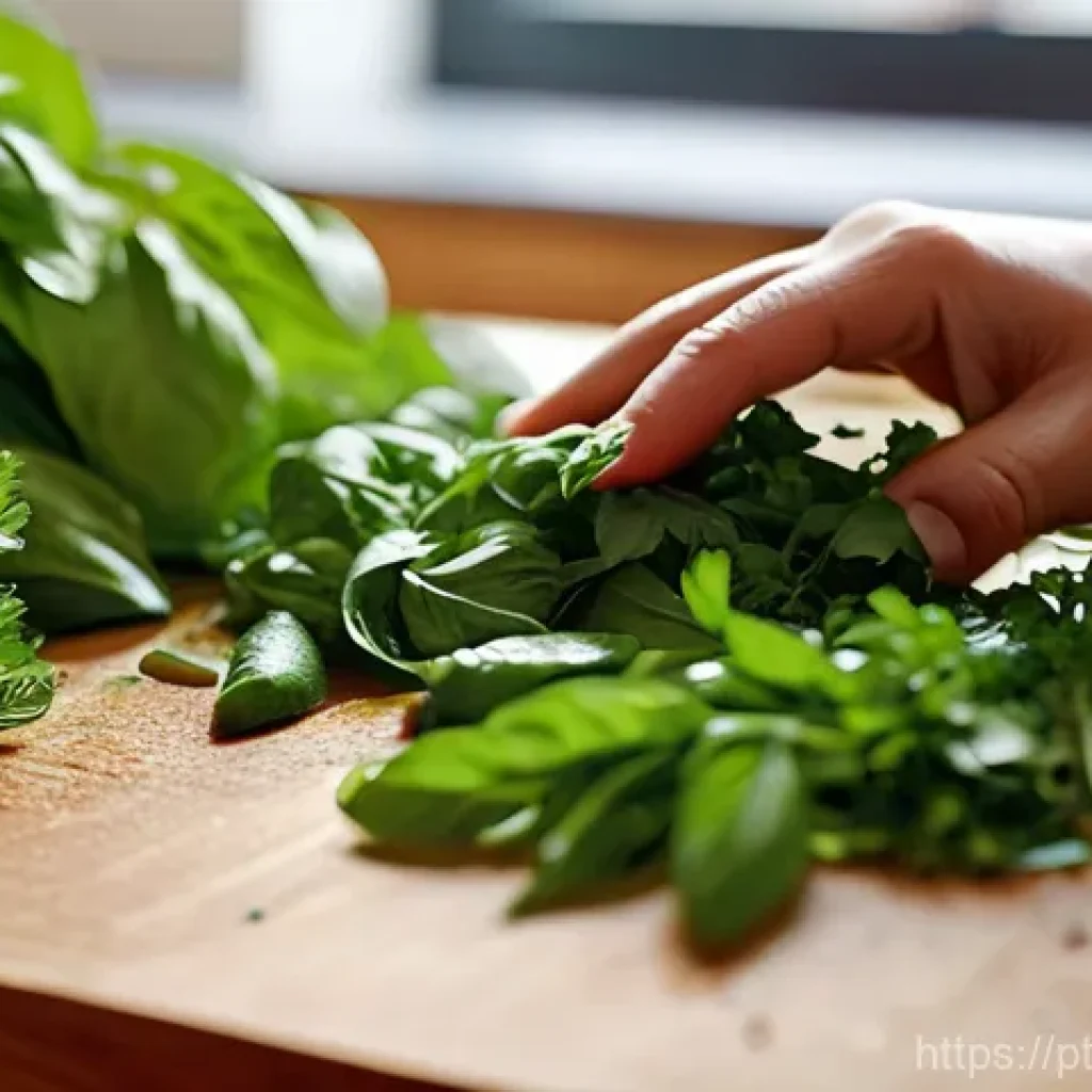 허브로 만든 이색적인 드레싱 - **Fresh Herb Preparation:** A close-up, high-angle shot of a pair of hands, with short, clean finger...