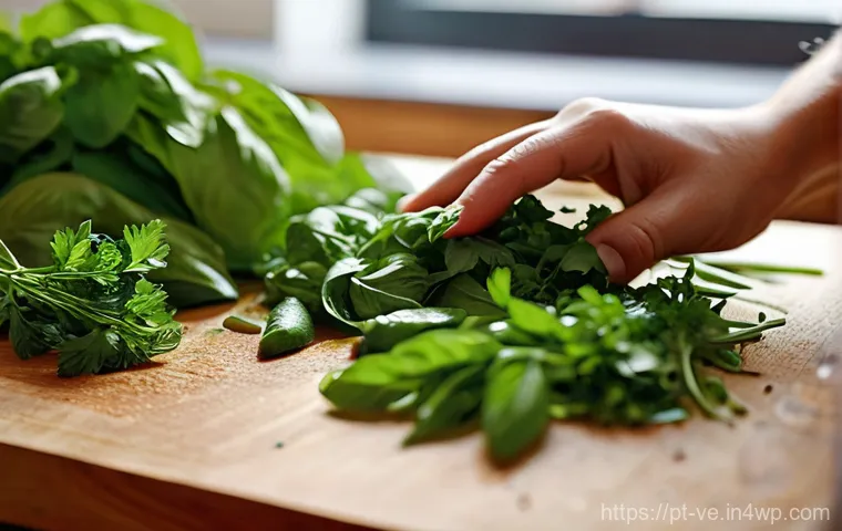 허브로 만든 이색적인 드레싱 - **Fresh Herb Preparation:** A close-up, high-angle shot of a pair of hands, with short, clean finger...