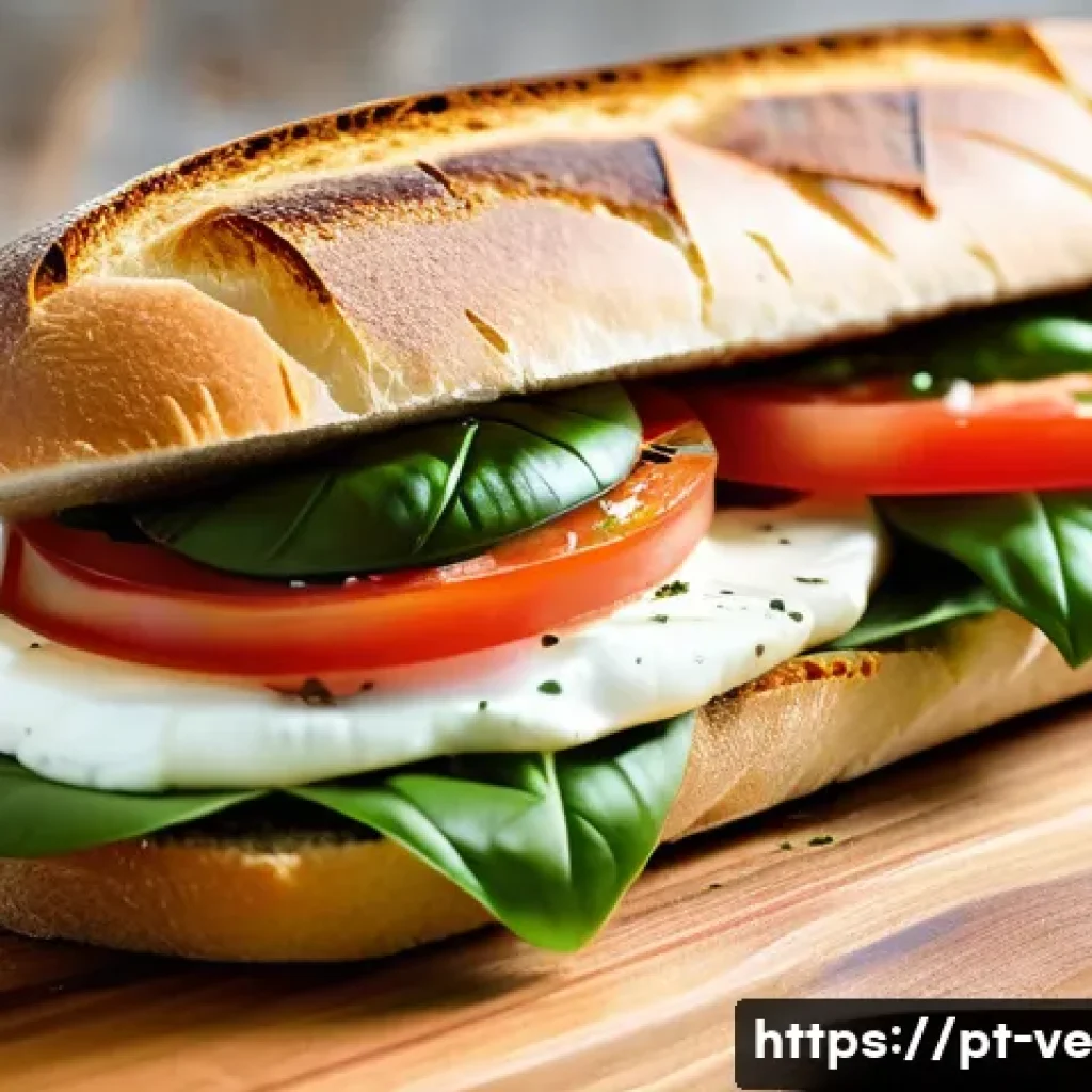 허브로 만든 샌드위치 레시피 - A vibrant Mediterranean sandwich scene featuring fresh whole basil leaves layered with creamy buffal...