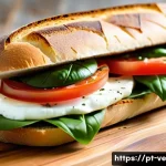 Home 22 허브로 만든 샌드위치 레시피 - A vibrant Mediterranean sandwich scene featuring fresh whole basil leaves layered with creamy buffal...