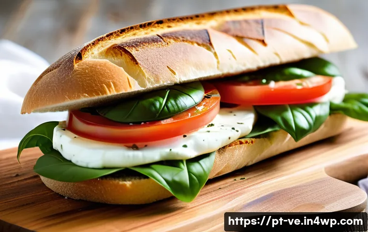 허브로 만든 샌드위치 레시피 - A vibrant Mediterranean sandwich scene featuring fresh whole basil leaves layered with creamy buffal...