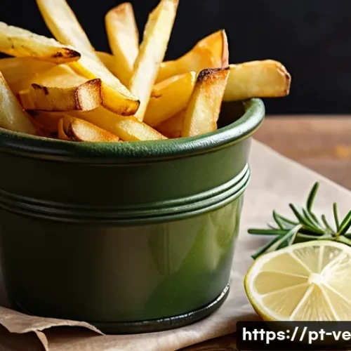 Home 33 허브를 활용한 튀김 요리의 풍미 증진법 - A rustic kitchen scene showcasing golden, crispy French fries generously sprinkled with fresh rosema...