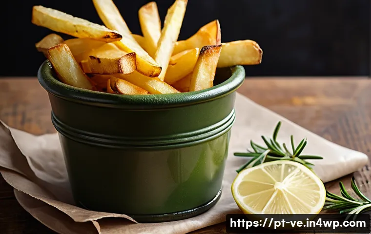 허브를 활용한 튀김 요리의 풍미 증진법 - A rustic kitchen scene showcasing golden, crispy French fries generously sprinkled with fresh rosema...