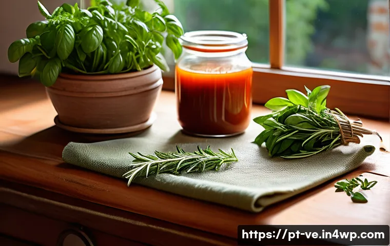 허브의 풍미를 높이는 레시피 조합 - A rustic kitchen scene featuring fresh aromatic herbs such as basil, rosemary, thyme, and mint arran...