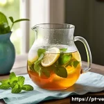 Home 19 신선한 허브로 만든 아이스티 레시피 - A bright and refreshing iced herbal tea scene featuring a clear glass pitcher filled with vibrant gr...
