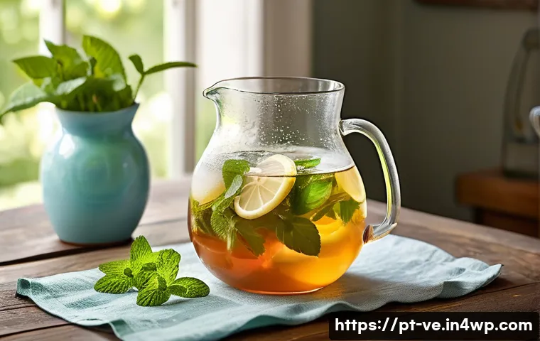 신선한 허브로 만든 아이스티 레시피 - A bright and refreshing iced herbal tea scene featuring a clear glass pitcher filled with vibrant gr...