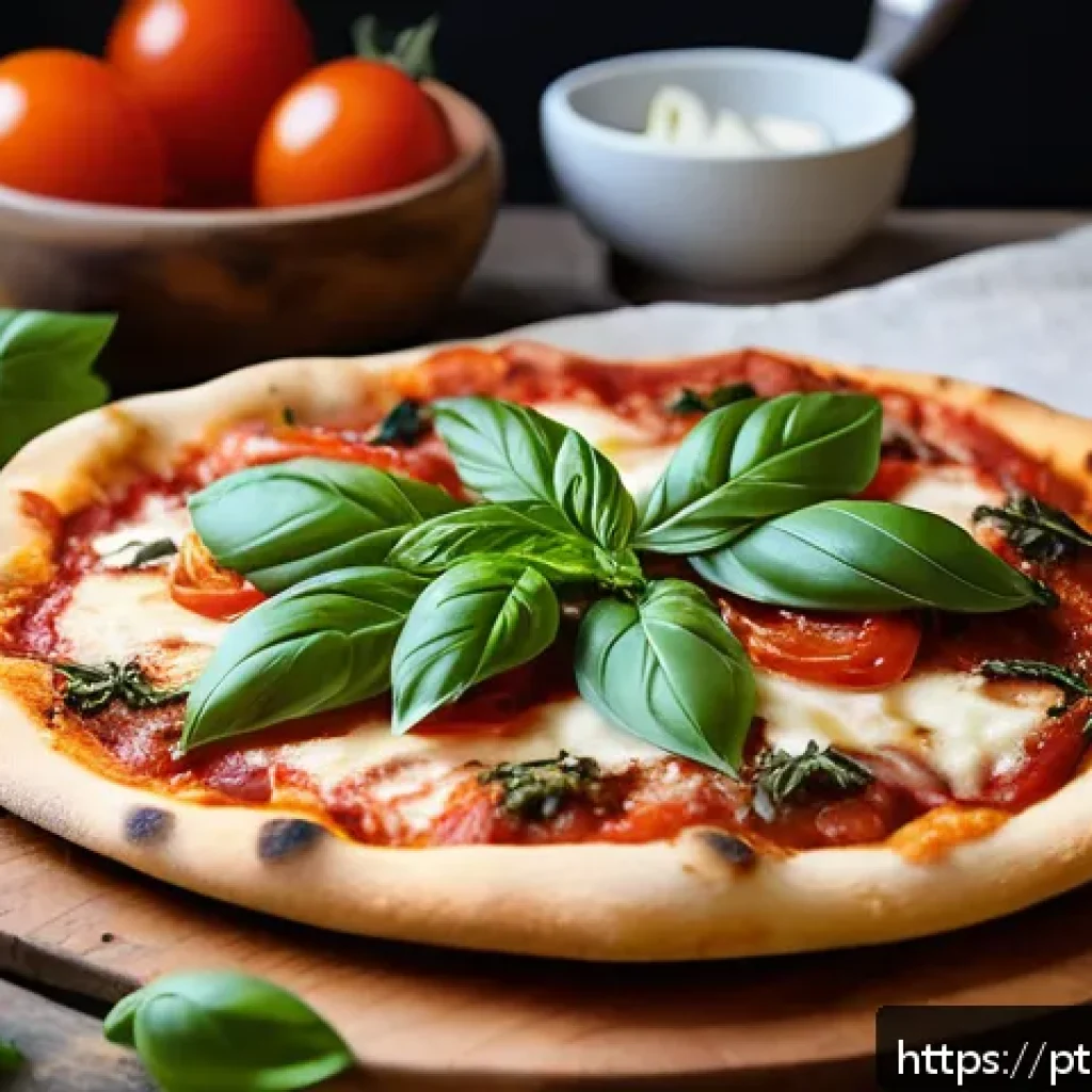 허브를 이용한 집에서 만드는 피자 - A rustic homemade pizza on a wooden board, topped with vibrant fresh basil leaves scattered delicate...