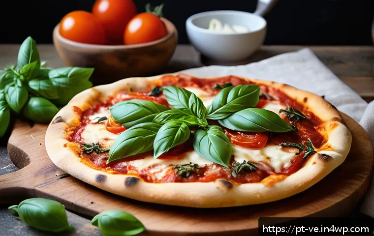 허브를 이용한 집에서 만드는 피자 - A rustic homemade pizza on a wooden board, topped with vibrant fresh basil leaves scattered delicate...