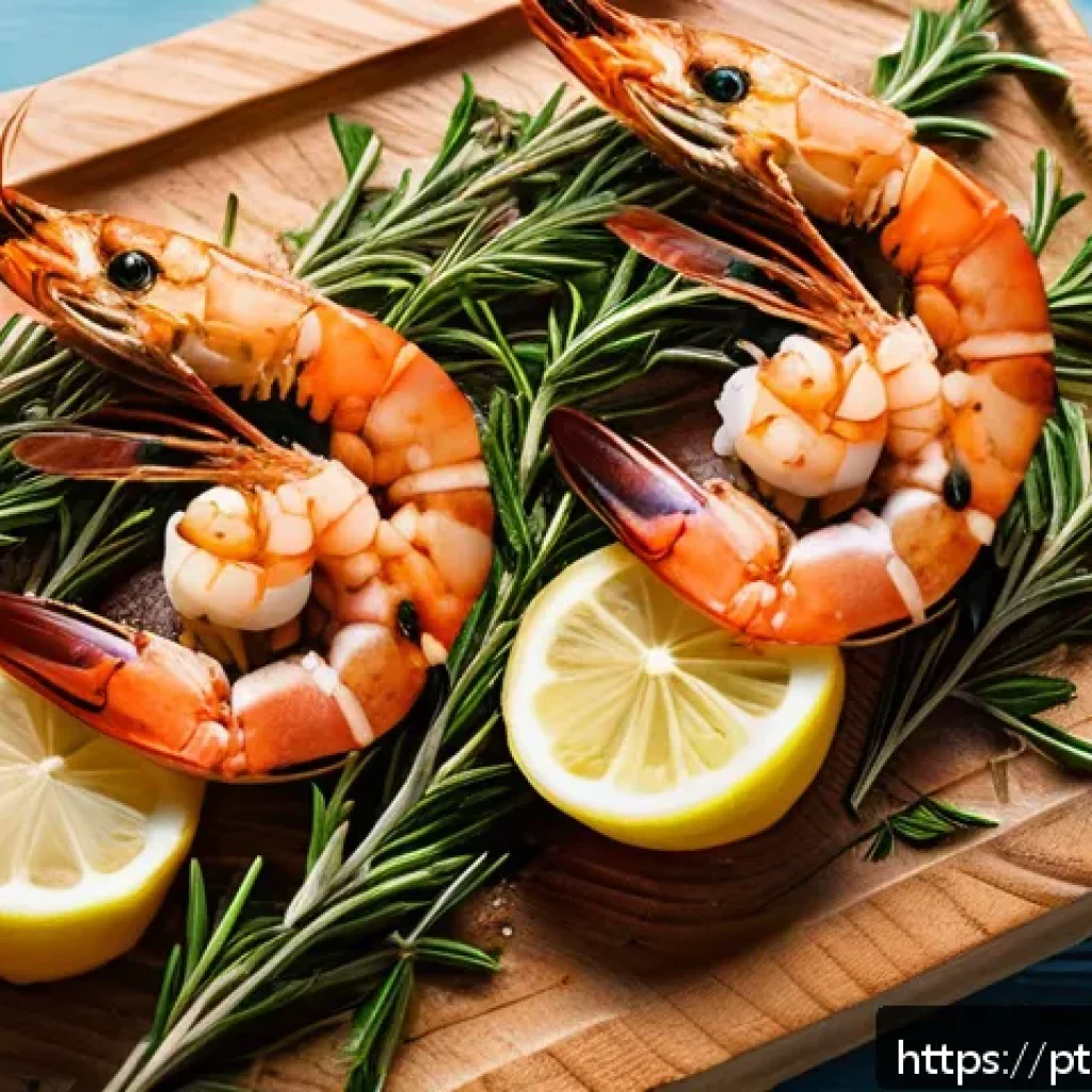 허브로 향미를 더하는 해산물 요리 - A rustic Mediterranean seafood dish featuring grilled shrimp and roasted fish garnished with whole s...