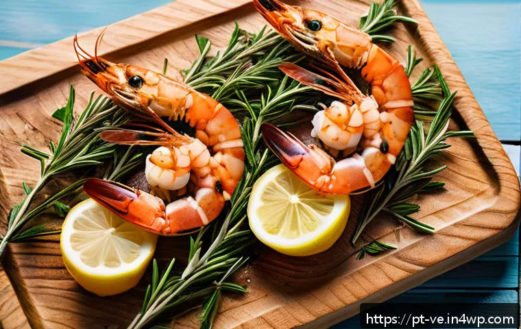 허브로 향미를 더하는 해산물 요리 - A rustic Mediterranean seafood dish featuring grilled shrimp and roasted fish garnished with whole s...