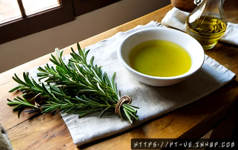 Home 17 허브로 만든 수제 오일 레시피 - Photorealistic overhead kitchen scene of homemade herb-infused olive oil preparation, fresh rosemary...