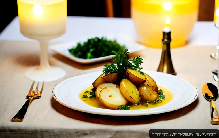 Home 17 허브를 활용한 특별한 기념일 요리 - Photorealistic intimate anniversary dinner for two in a Portuguese home, elegantly plated bacalhau w...