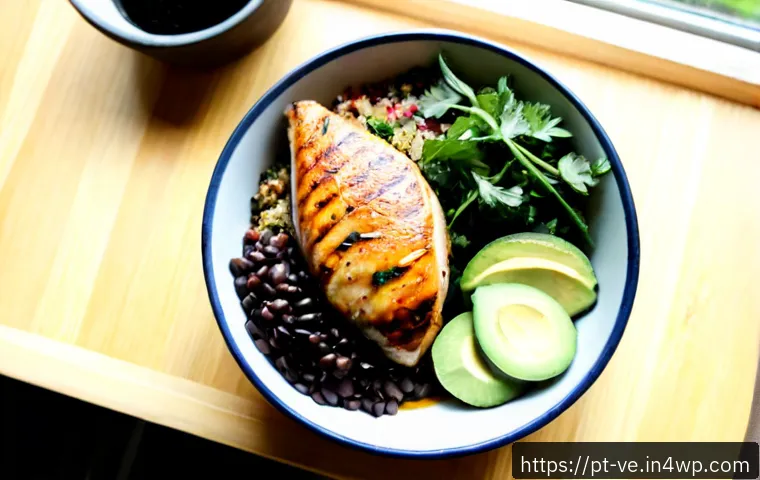 Home 17 허브를 활용한 다이어트 식단 구성법 - Photorealistic overhead view of a balanced Brazilian-inspired diet meal on a light wooden table: gri...