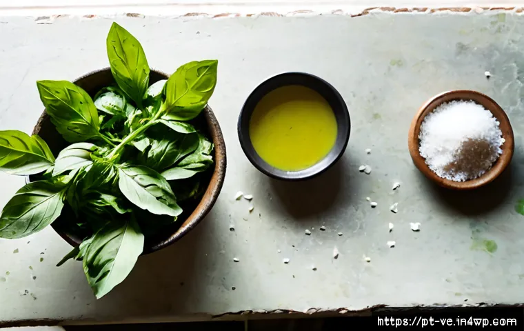 신선한 허브로 만든 소스 레시피 - Photorealistic overhead food photography of fresh basil, parsley, cilantro, garlic, lemon, olive oil...